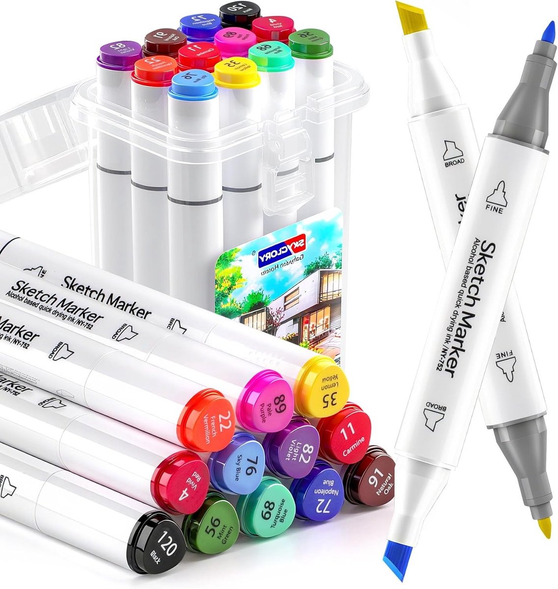 Pennarelli set voor alcohol, navullingen voor textiel airbrush of normale pen, 12 kleuren dubbele stiften met scherpe punt en brede punt