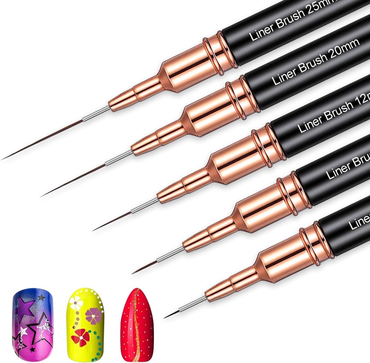 Set van 5 nagelkunst linerkwasten voor precisiewerk, fijne lijnen en gedetailleerd nageldesign, 4/8/12/20/25 mm