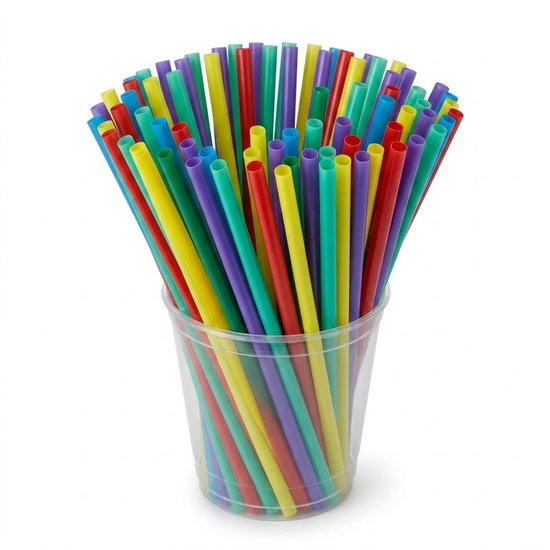 Een grote hoeveelheid veelkleurige plastic rietjes in een doorzichtige beker.