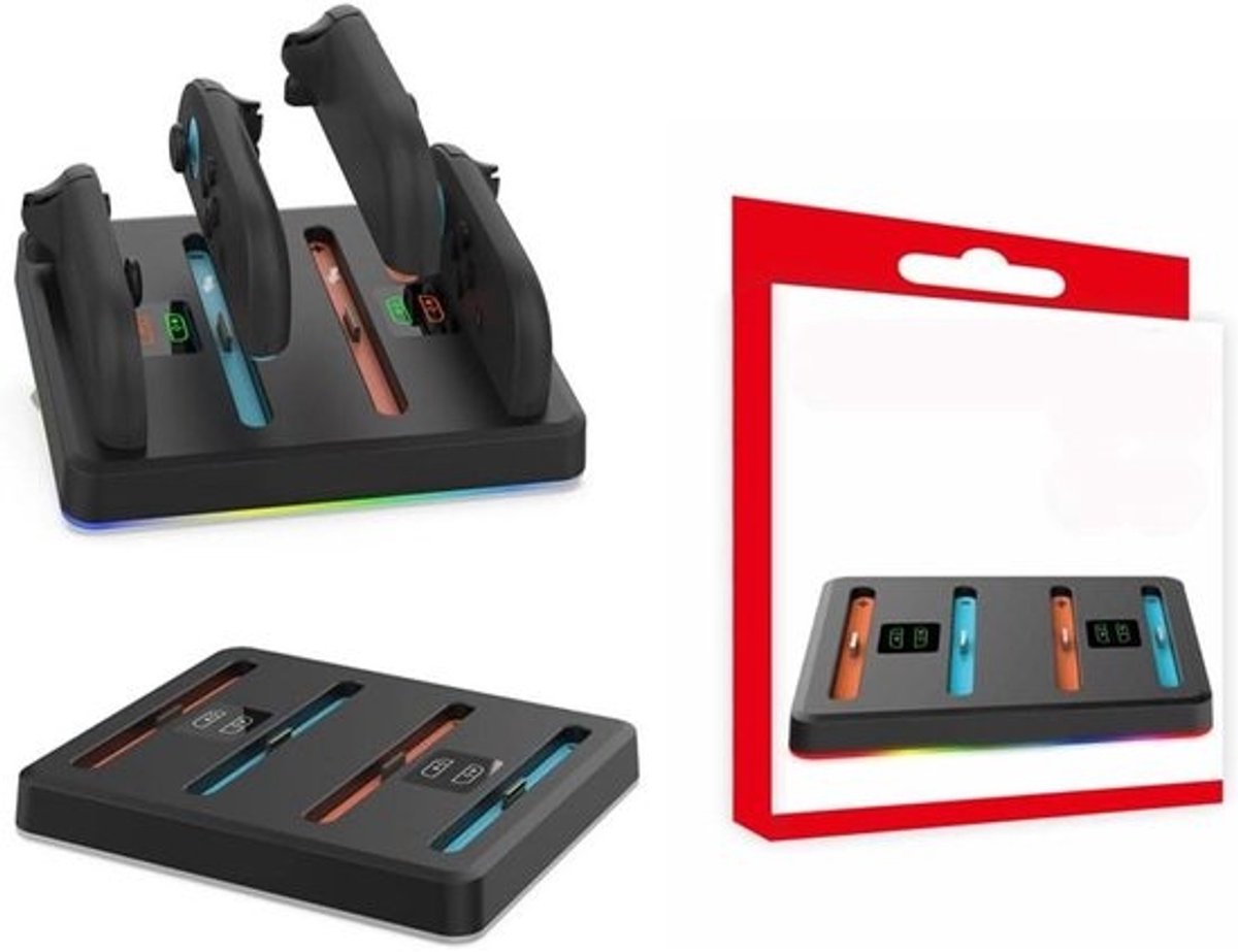 Oplaadstation Controllers - Docking Station - Gaming Accessoires - RGB Verlichting - 4 Joy-Cons - Zwart