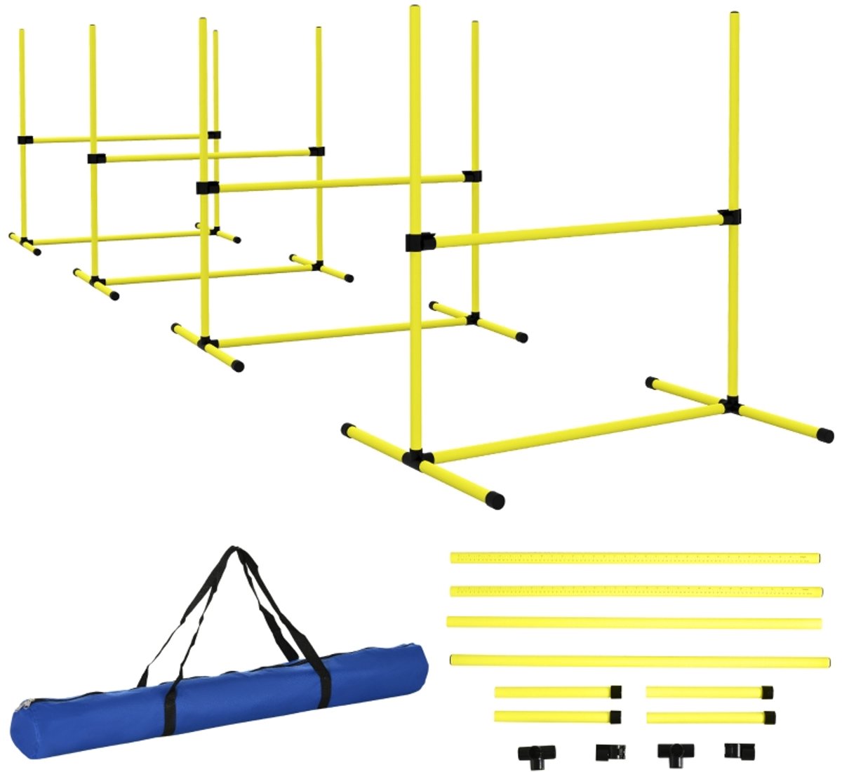 Behendigheidsset 99x65x94 cm Geel Kunststof Hondentraining Set van 4 onderdelen Hoogte verstelbaar voor meerdere honden Vrij op te stellen Met opbergzak Makkelijk schoon te maken Geschikt voor tuin park en buiten