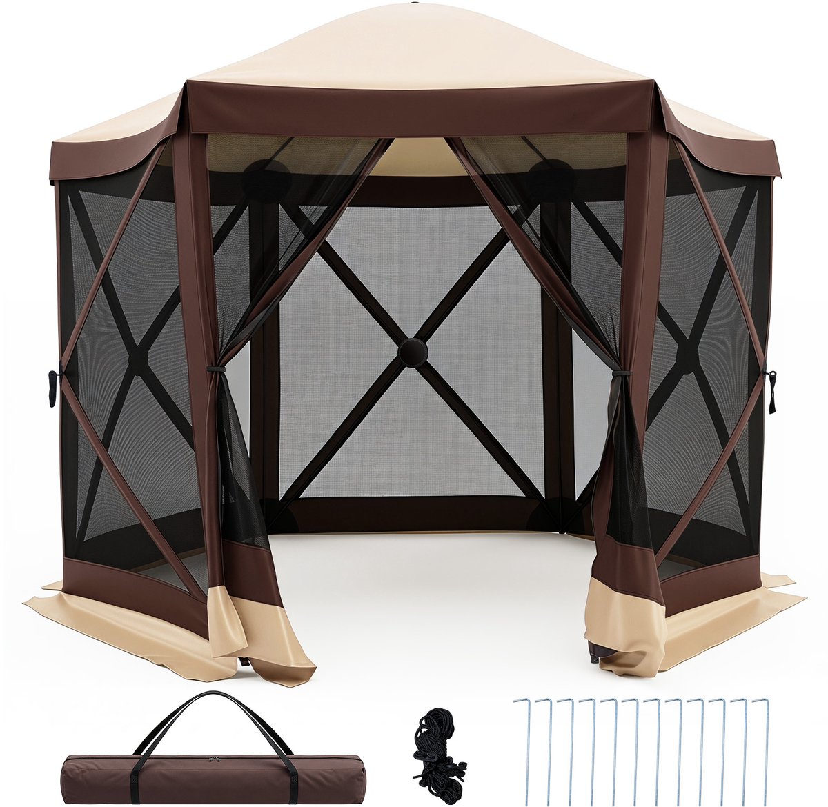 SureDeal® - Partytent - Pop Tent - Personen Opvouwbare Tent - Muskietennetten - Deur - Ritssluiting - 355x300x230 cm - Bruin