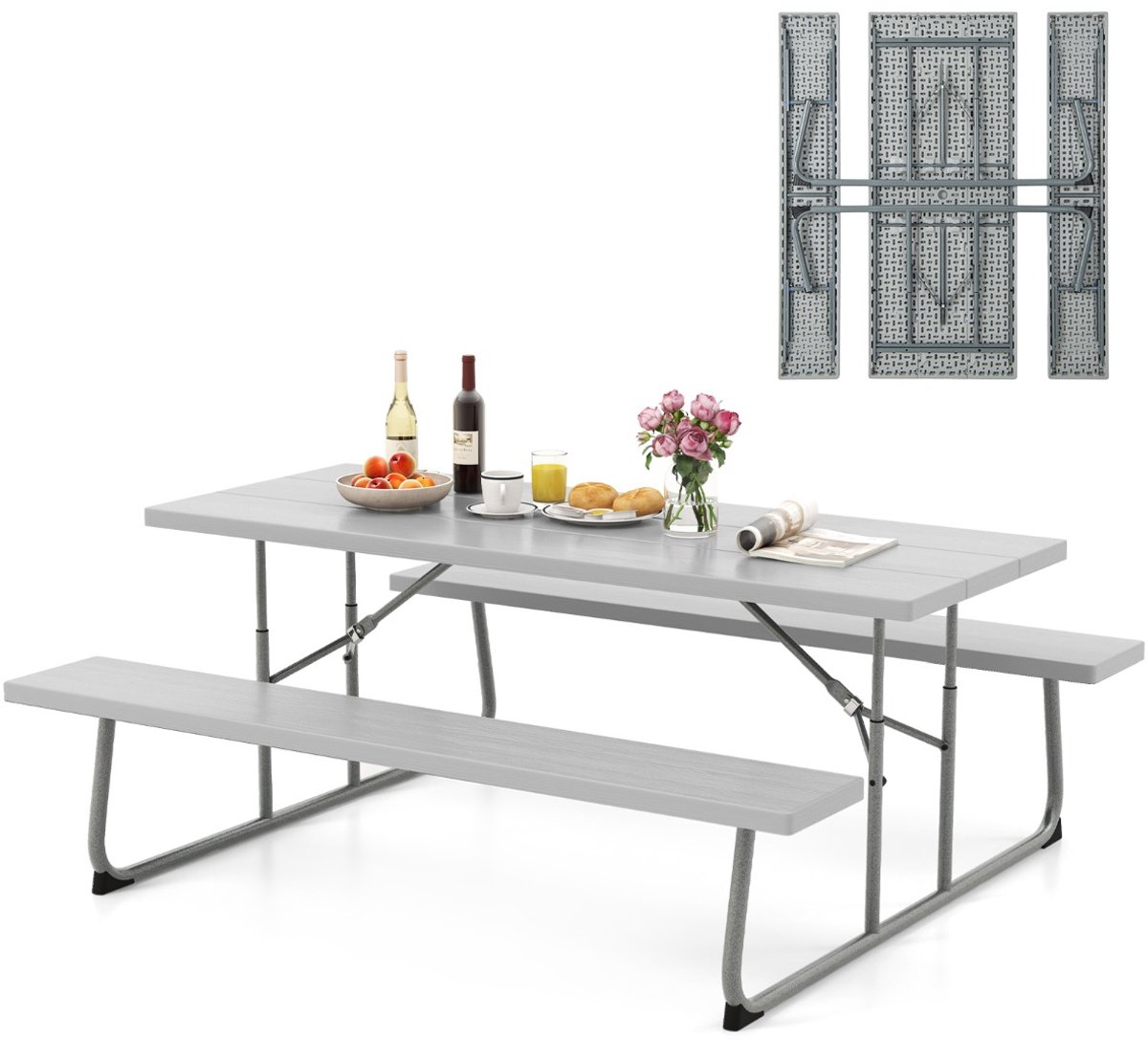 SureDeal® - Kamper - Opvouwbare Picknicktafel - Banken Weerbestendig Hdpe - Parasolgat Tuin - Zwembadfeest Grijs - 183x163x74 cm - Grijs