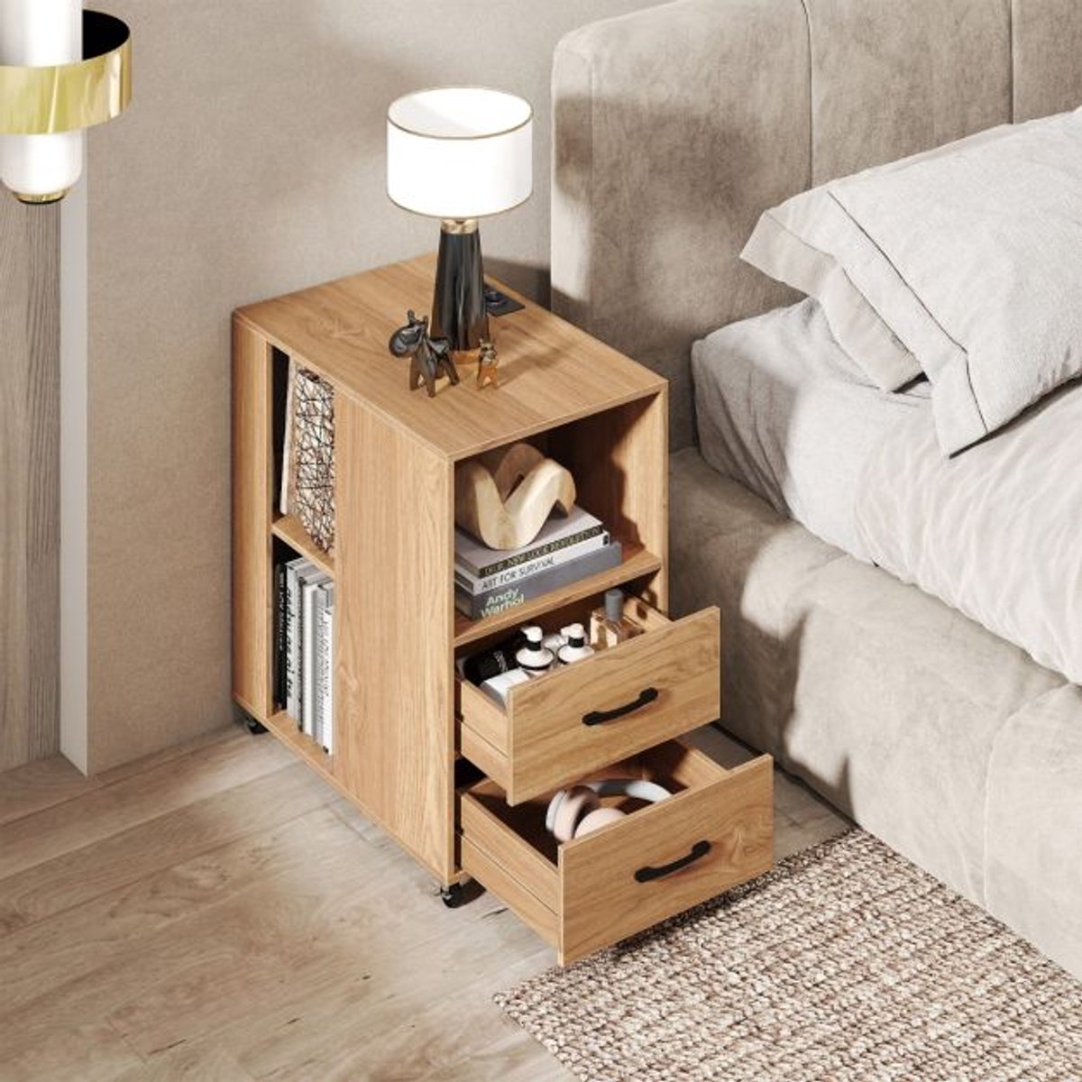 SureDeal® - Bijzettafel - Kleine - Wieltjes Verrijdbaar Nachtkastje - Lade - Plank - 60x40x65,5 cm - Naturel