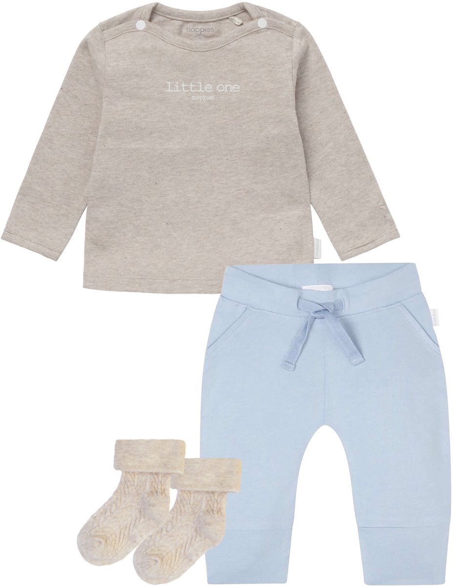 Noppies - Kledingset - 3 delig - Broek Naupli Lichtblauw - Shirt Hester Taupe - 1 paar sokjes Taupe -Maat 50