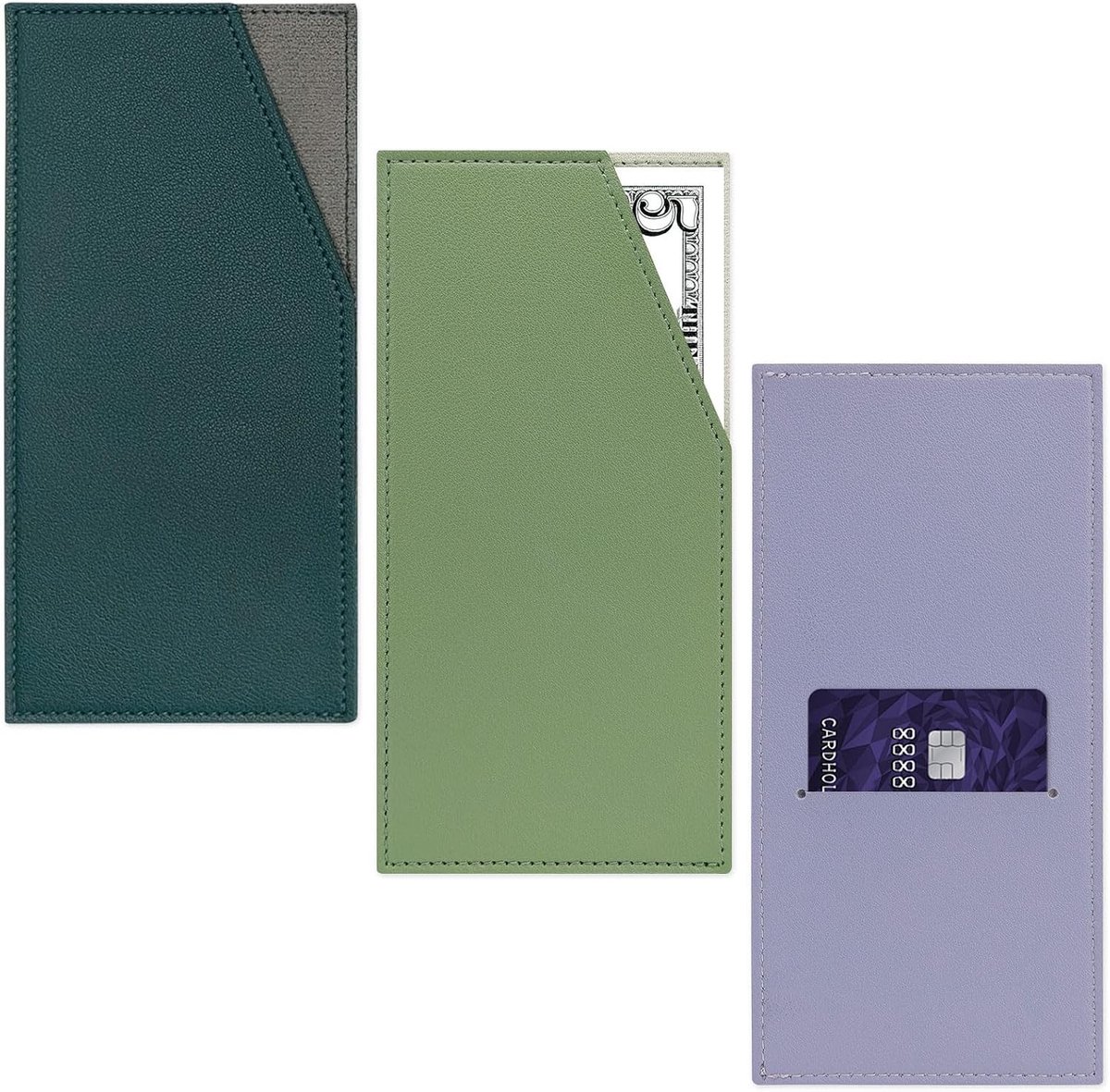 Slimme Cash Wallet Set van 3, PU Leren Geld- en Kaartenhouder, Herbruikbare Geldenvelop Organizer voor Budgettering, Minimalistisch Ontwerp, 17.5x8.5cm, Paars, Lichtgroen, Blauw