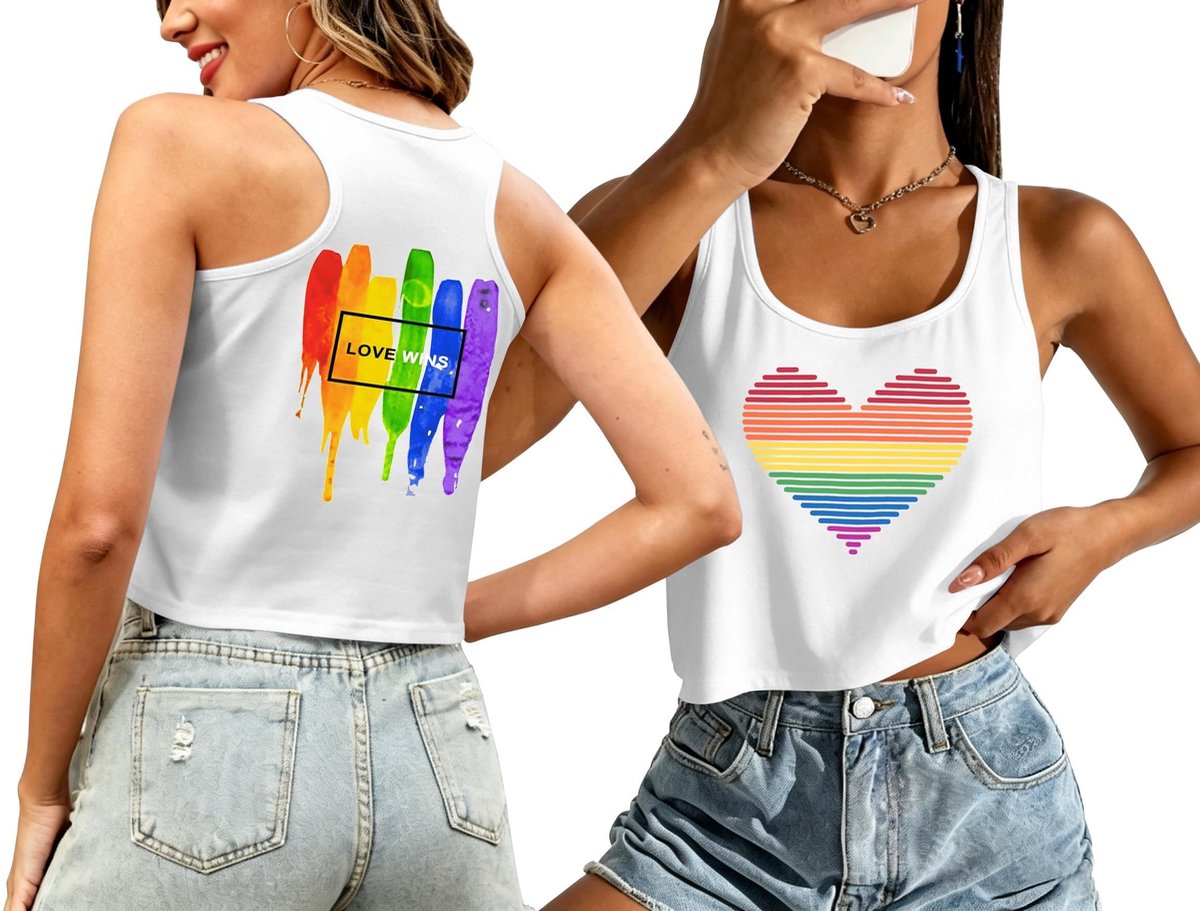 Dames Pride Tanktop - Regenboogprint - Wit