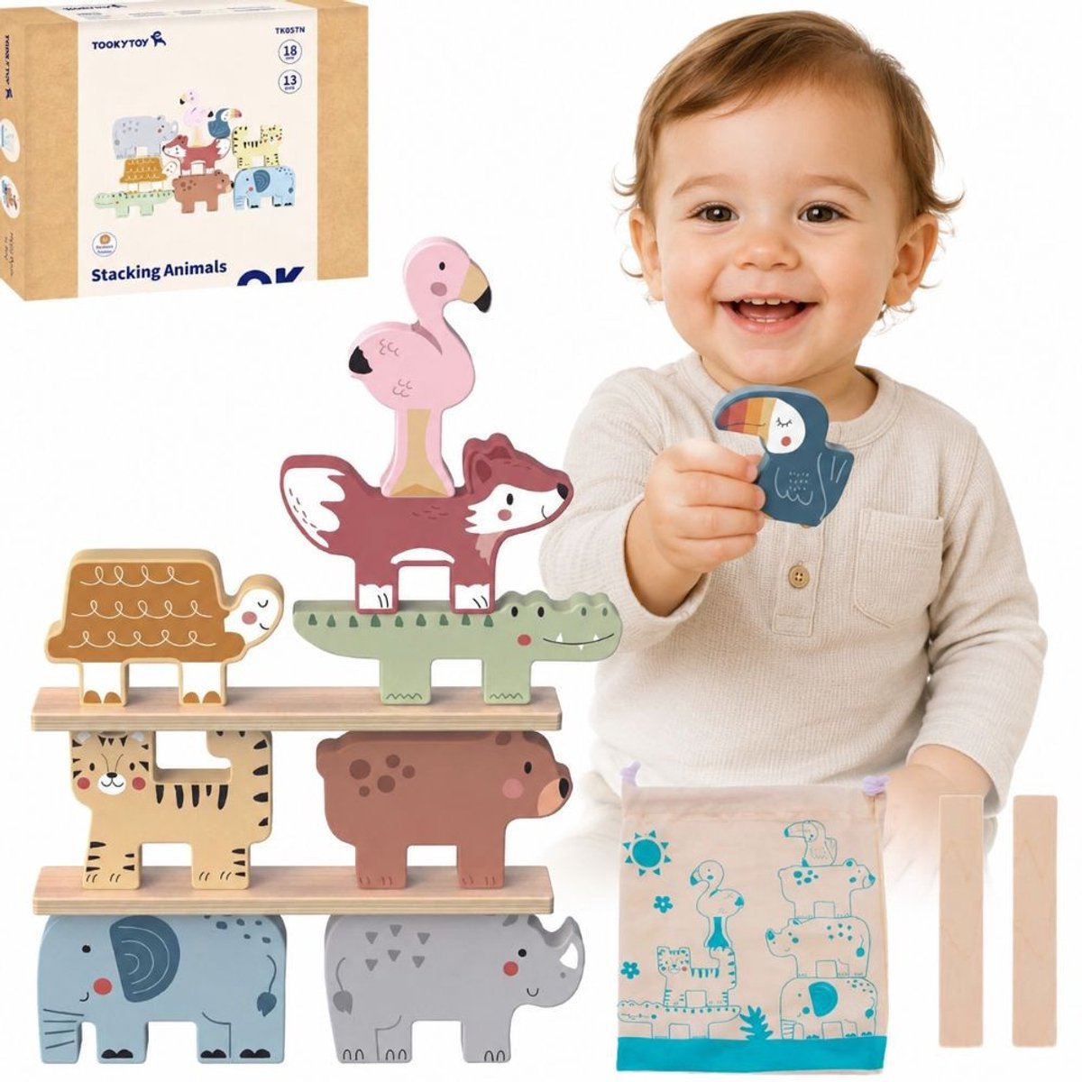 TOOKY TOY Balans- en Stapelspel - FSC Hout - Dieren - 13-Delig - Geschikt voor 1+ Jaar (Dreumes) - Stapeltoren - Stapelblokken - Balans Blokken - Educatief Speelgoed - Cadeau voor Dreumes