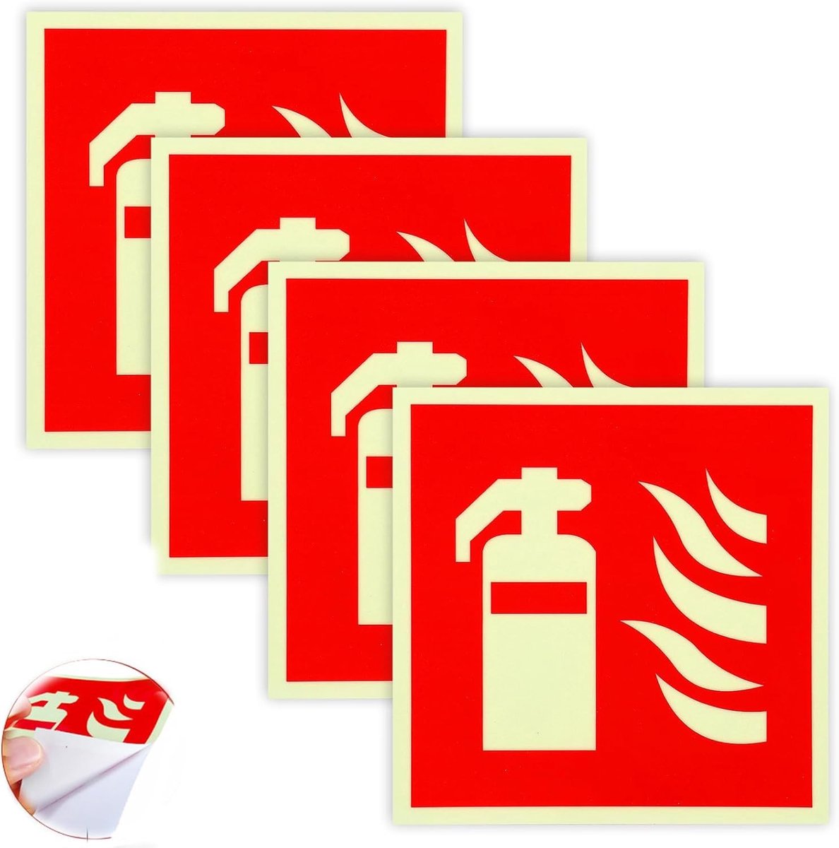 Set van 4 Zelfklevende Brandblusserborden, PVC Fotoluminescent, Veiligheidsstickers voor Thuis en Kantoor, 15 x 15 cm, Brandveiligheid en Noodinformatie