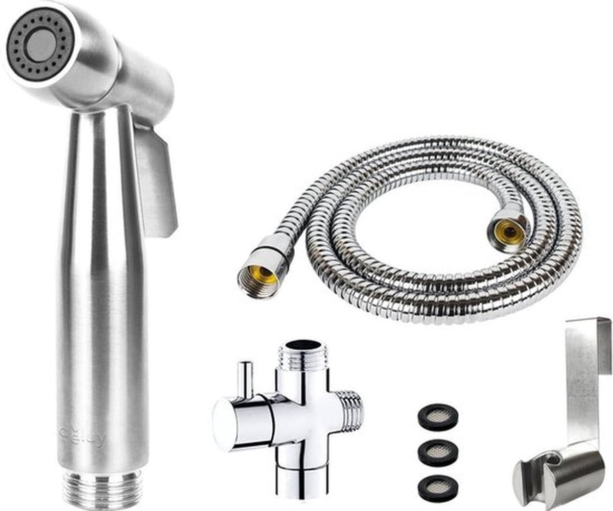 Bidet Handdoucheset - Bidet Sproeier uit geborsteld RVS - Inclusief slang, T-stuk & wandhouder