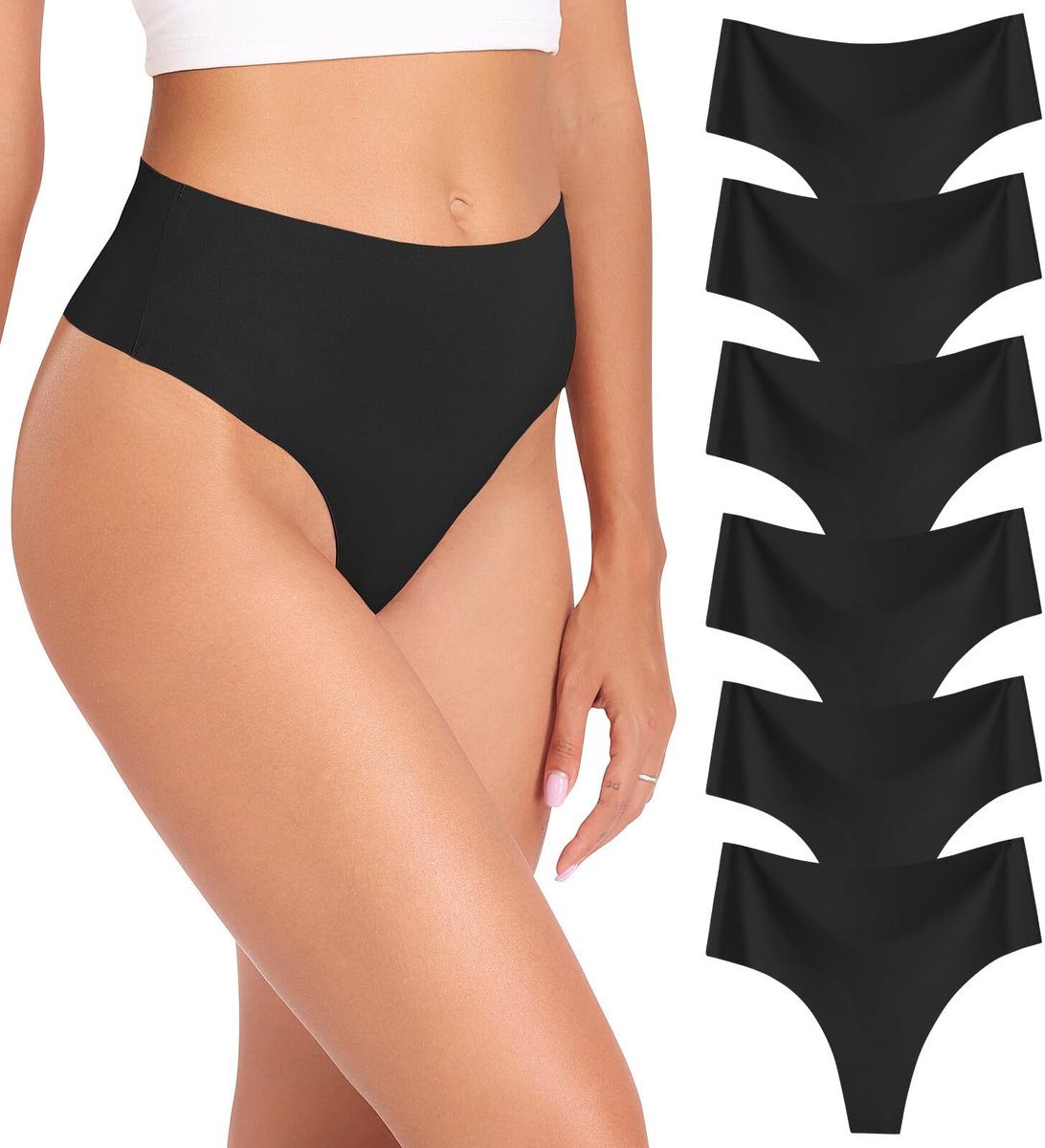 Seamless Thong Ondergoed voor Dames - Hoge Taille Set van 6 - Zwart