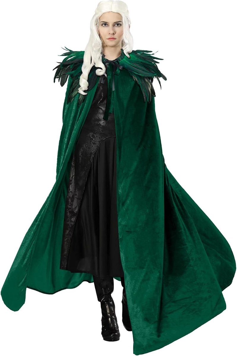 Gothic Velvet Cape voor Halloween met Veren voor Mannen en Vrouwen in Groene Kleur