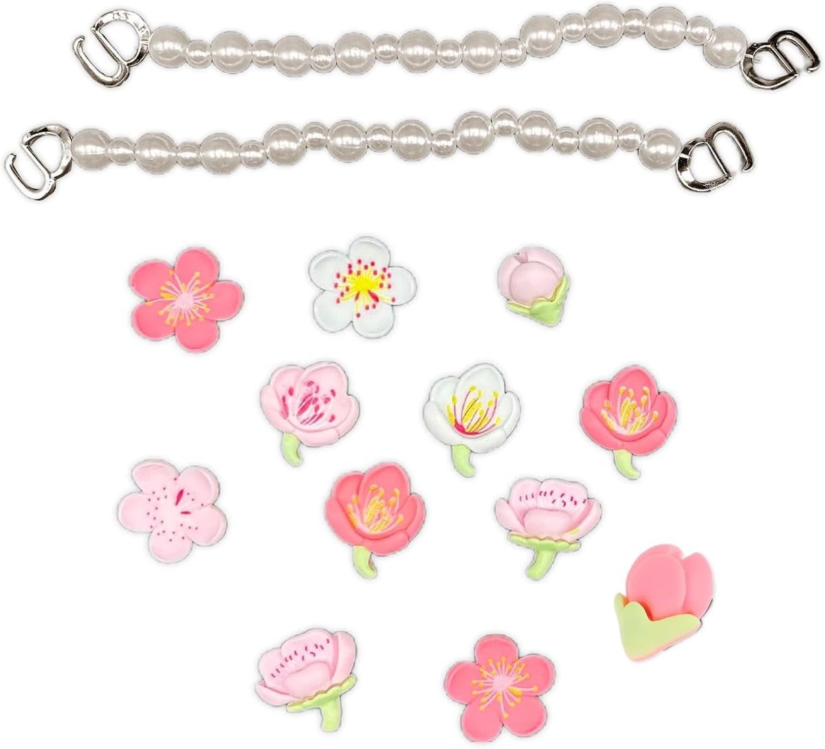 Schattige Bloem Schoen Charms, 12 Stuks Bloem Charms met 2 Stuks Parelsnoer, Kawaii Cartoon Schoen Decoratie voor Kinderen en Volwassenen, Feestdecoraties en Modeaccessoires