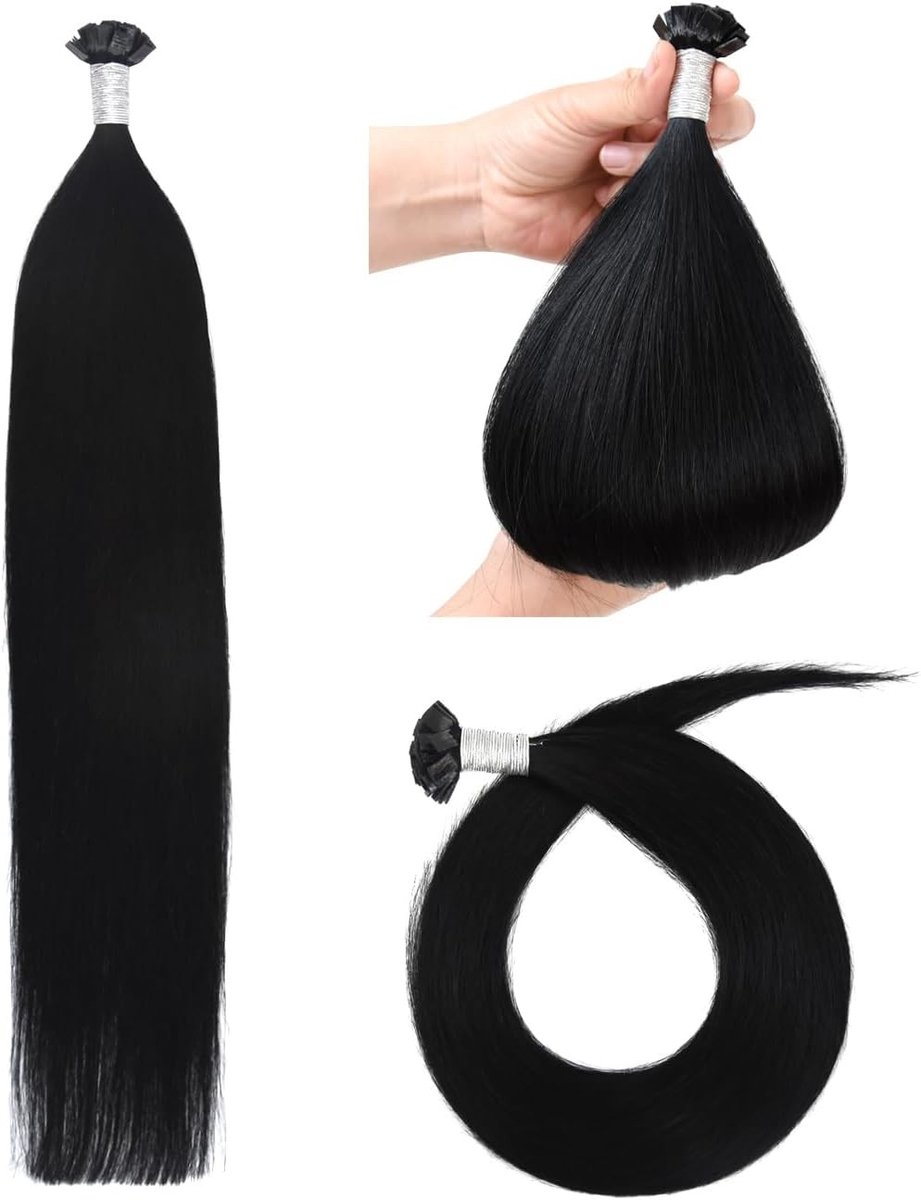 Echte Mensenhaar Flat Tip Haarextensions met Keratine Verbinding - 50g, 45cm #1 Zwart, Natuurlijk Volume en Lengte