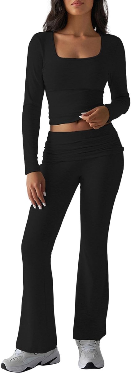 Twee-Piece Dames Kostuum - Casual Shirt en Flared Broek - Zwart