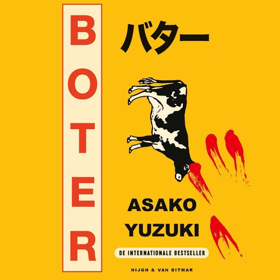 Boek met gele omslag met de titel BOTER in rode letters, een zwart-wit gestippelde koe en rode vlekken.