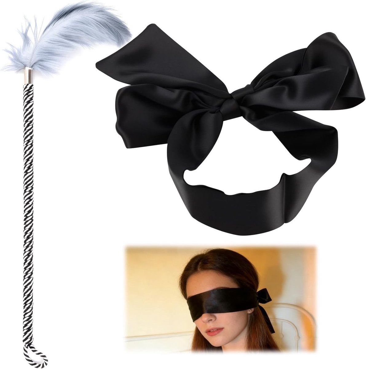 Sensueel speelgoed voor koppels: veerbedel met blinddoek, soft touch veerstaaf en satijnen oogmasker voor rollenspel en intimiteit, zwart en wit
