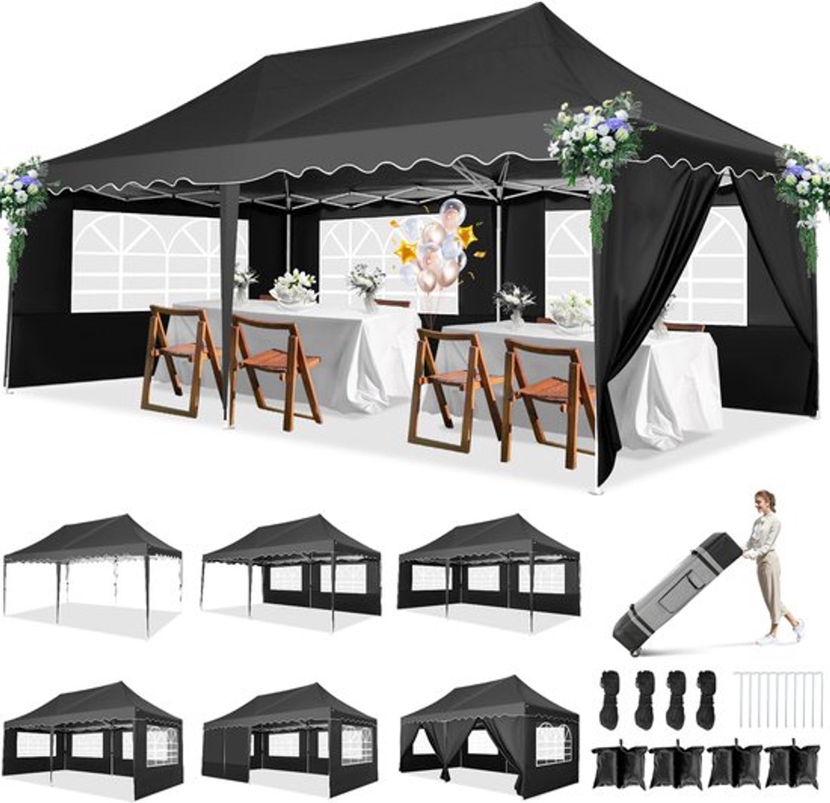 Partytent Opvouwbaar - 3x6 Meter Met 6 Zijwanden - Pop-Up Luifel Tuinpaviljoen - Bruiloften Markt Evenementen - Zandzakken Inclusief