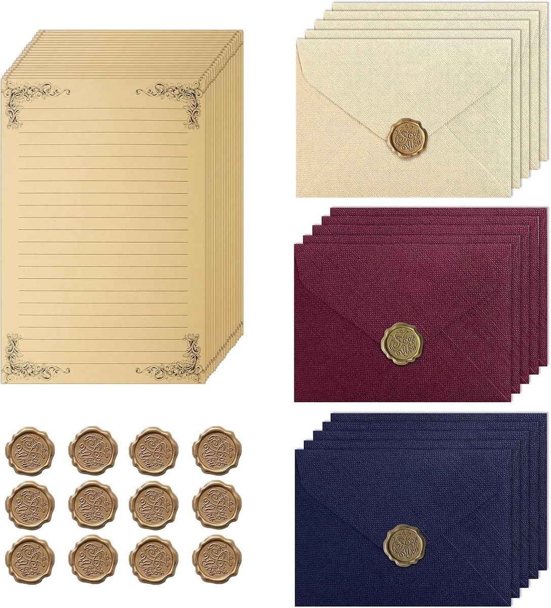 Vintage Briefpapier Set met 50 Stuks Enveloppen, A5 Formaat en Luxe Lakzegels voor Persoonlijke Briefwisseling