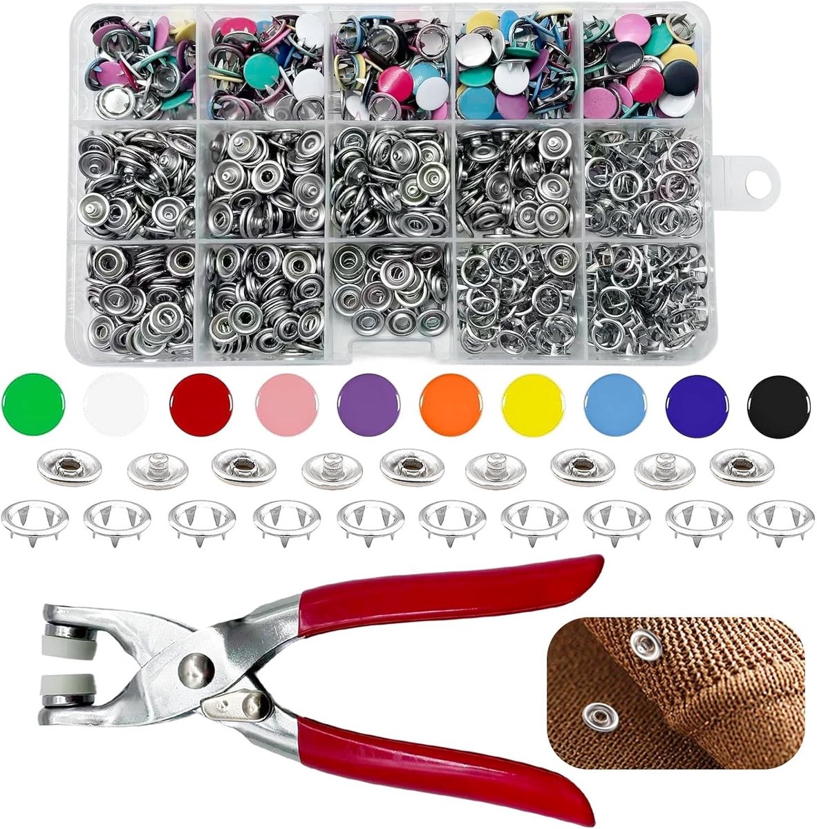 Drukknopset met tang, 9,5 mm holle metalen drukknopen voor naaivrij knutselen, kinderkleding en tassen (zilver + kleur, 200 stuks)