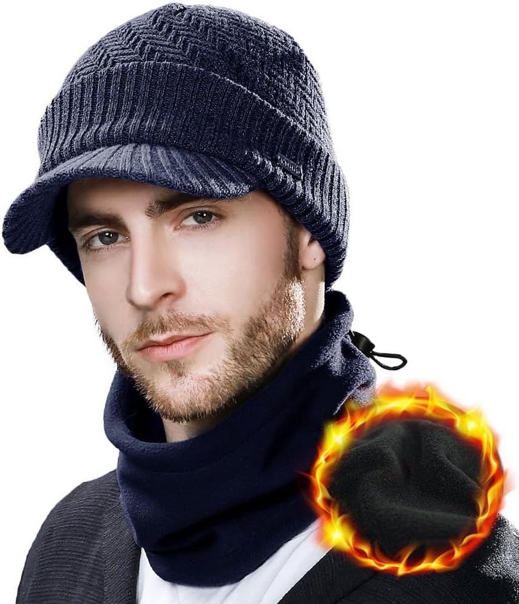Unisex Winter Merino Wol Peaked Beanie en Fleece Sjaal voor Skiën en Outdoor Activiteiten