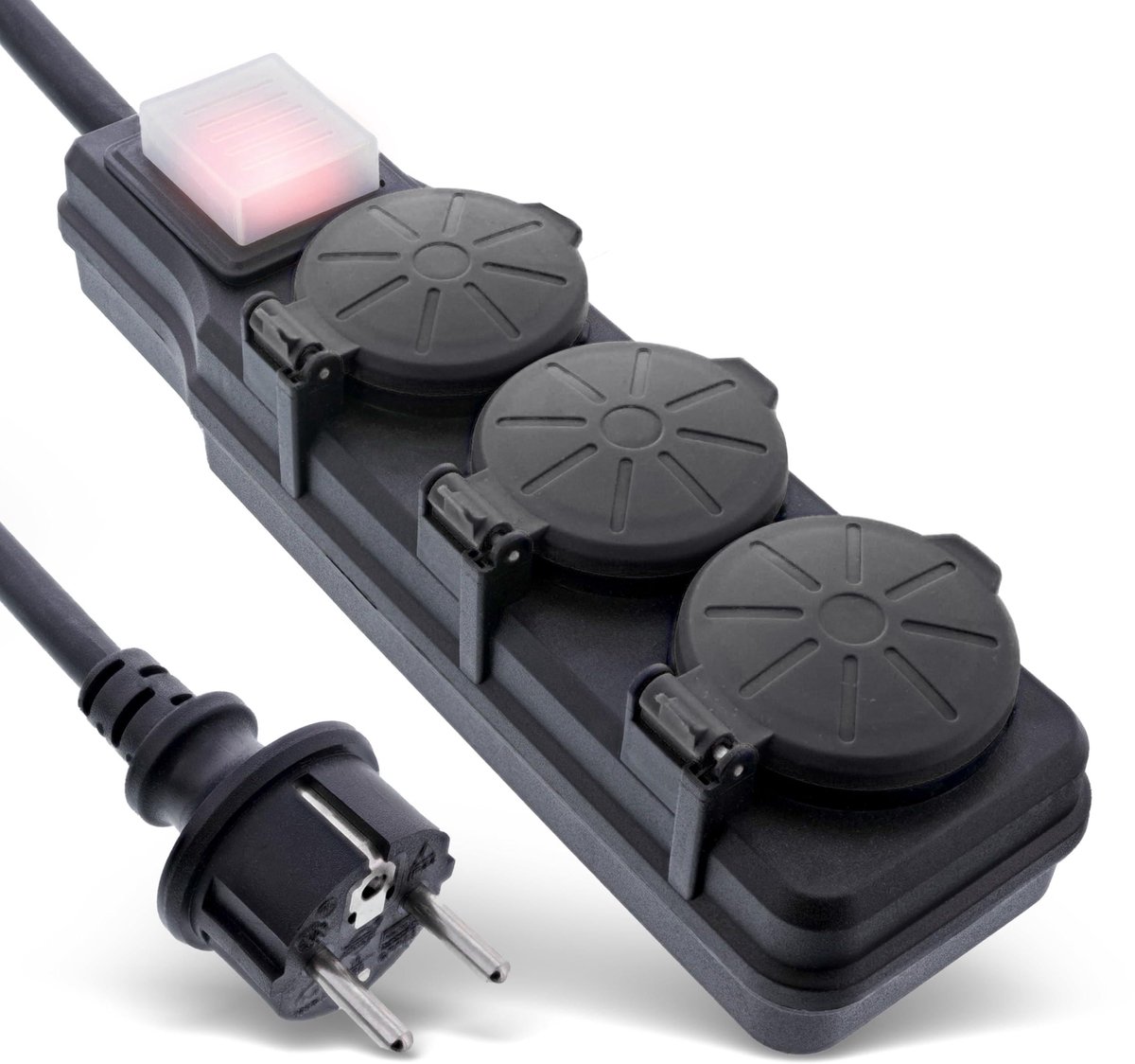 3-Way Socket Outlet - Buiten gebruik, IP44, met Verlichte Schakelaar - Lengte 3 m