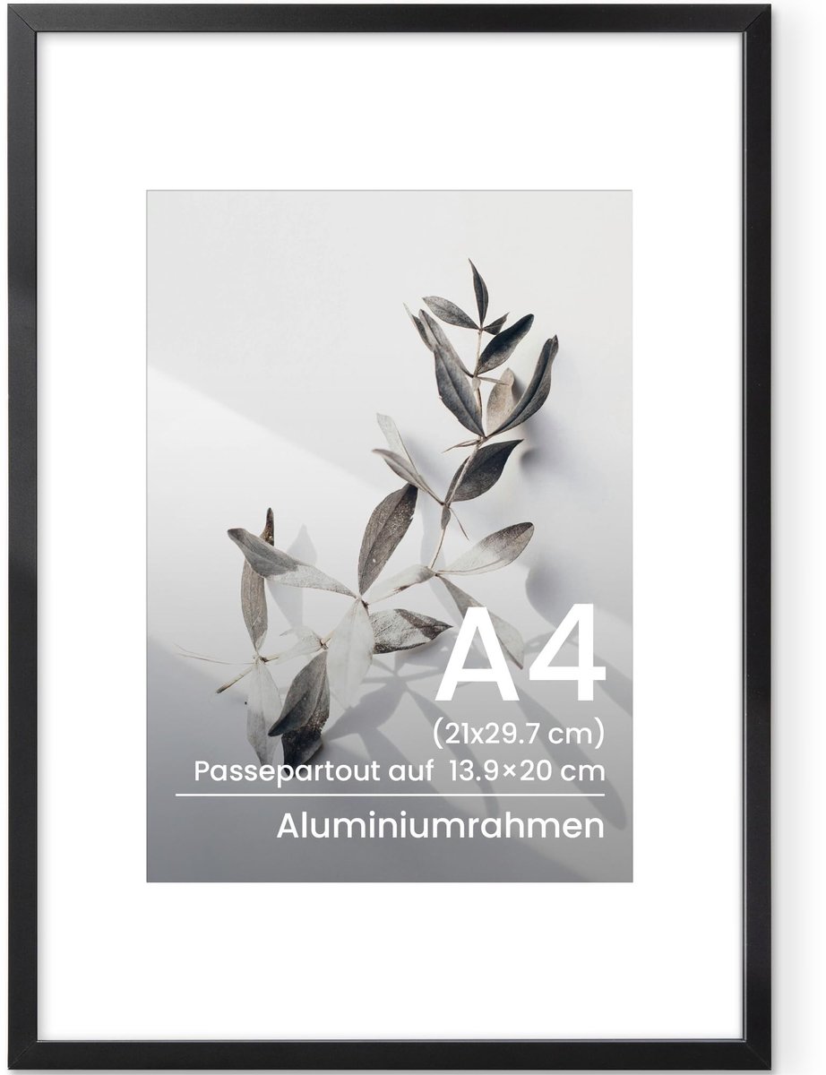 A4 Fotolijst - Aluminium met Tempered Glass - Zwart