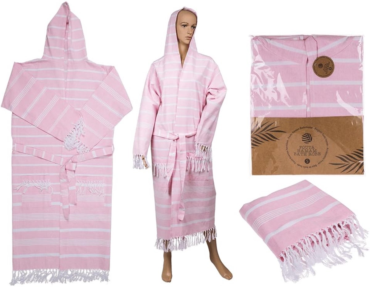 Fouta Hammam Badjas - Comfortabel in Pink/Wit - Maat S