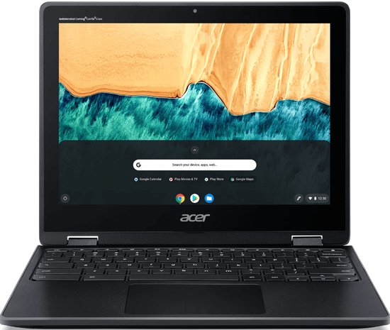 Zwarte Acer Chromebook laptop met een 12-inch HD+ multi-touch scherm met Antimicrobial Corning® Gorilla® Glass. Het toetsenbord is QWERTY.