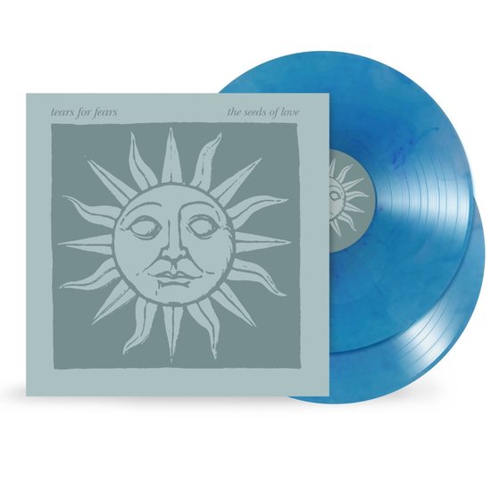Tears For Fears - The Seeds Of Love albumhoes met zonneprint, naast twee blauwe, gemarmerde LP's.