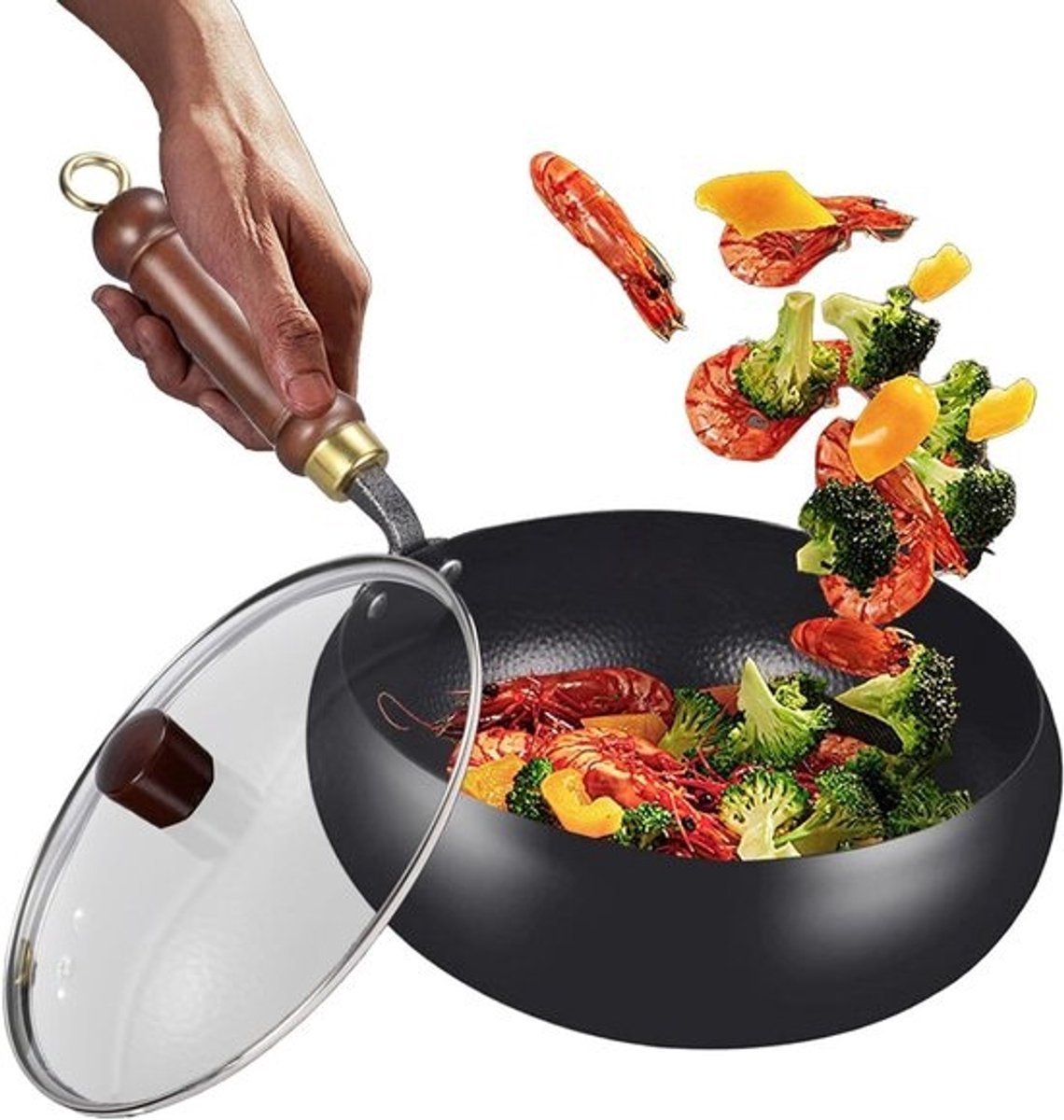 Grote Wok Pan - Handgesmeed IJzeren Wok - Thuis Koken - Dynamische Oppervlaktestructuur - 24 cm - Hammerspatroon