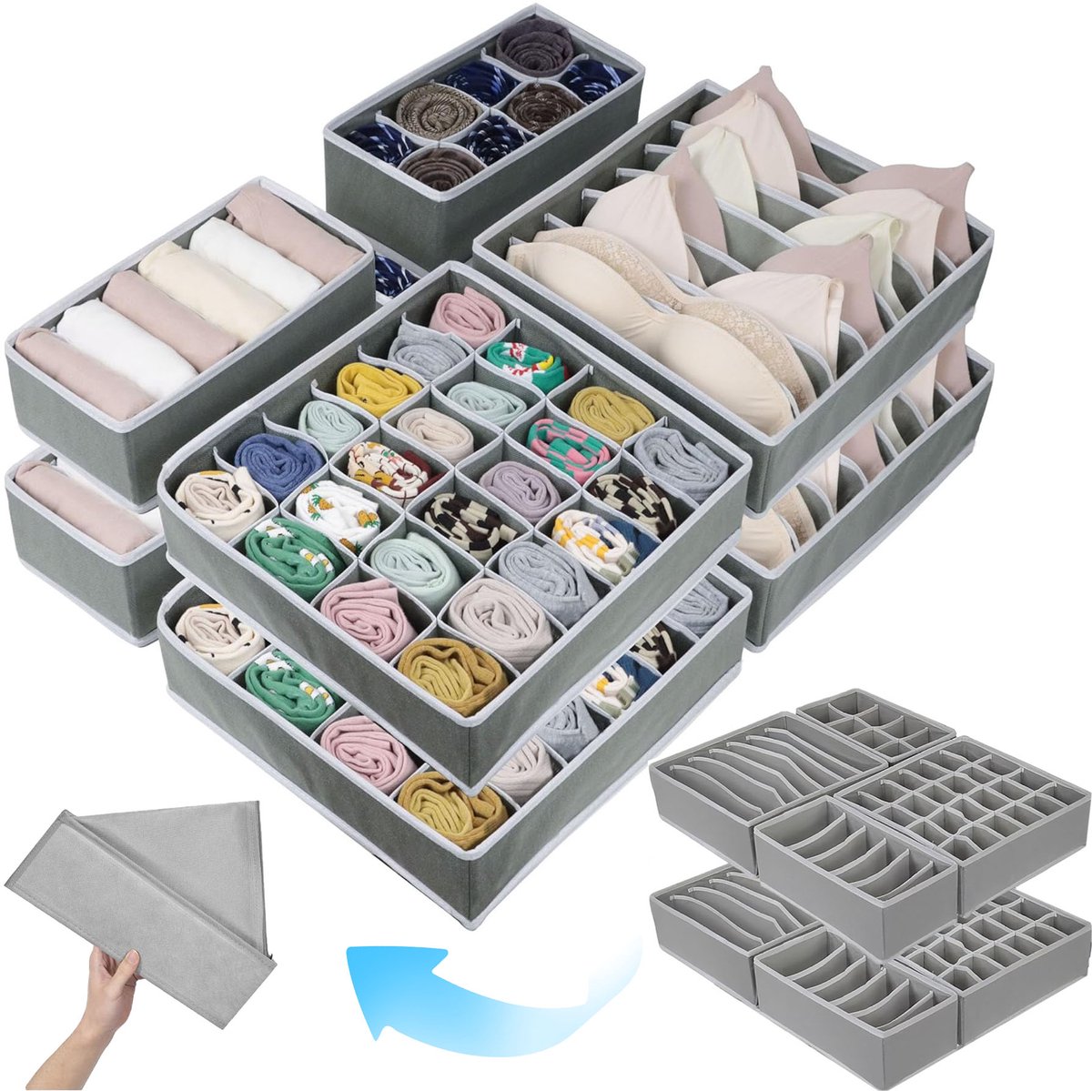 Ondergoed Organizer Set van 8 - Opbergbox met 90 Vakken - Ondergoed Opberger voor Lade en Kledingkast - Lade Organizer voor BH's, Krawatten, Onderbroeken, Sokken en Sjaals - Opvouwbaar - Stevige Bodem -32 x 32 x 11 cm- Grijs