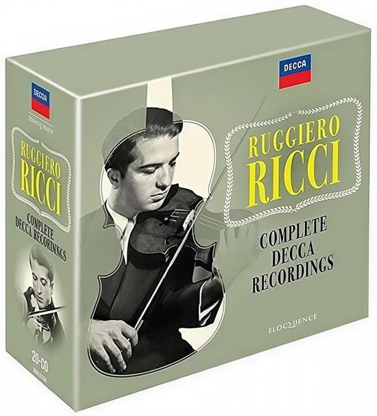Boxset met 20 CD's 'Ruggiero Ricci Complete Decca Recordings' met een afbeelding van Ruggiero Ricci die viool speelt.