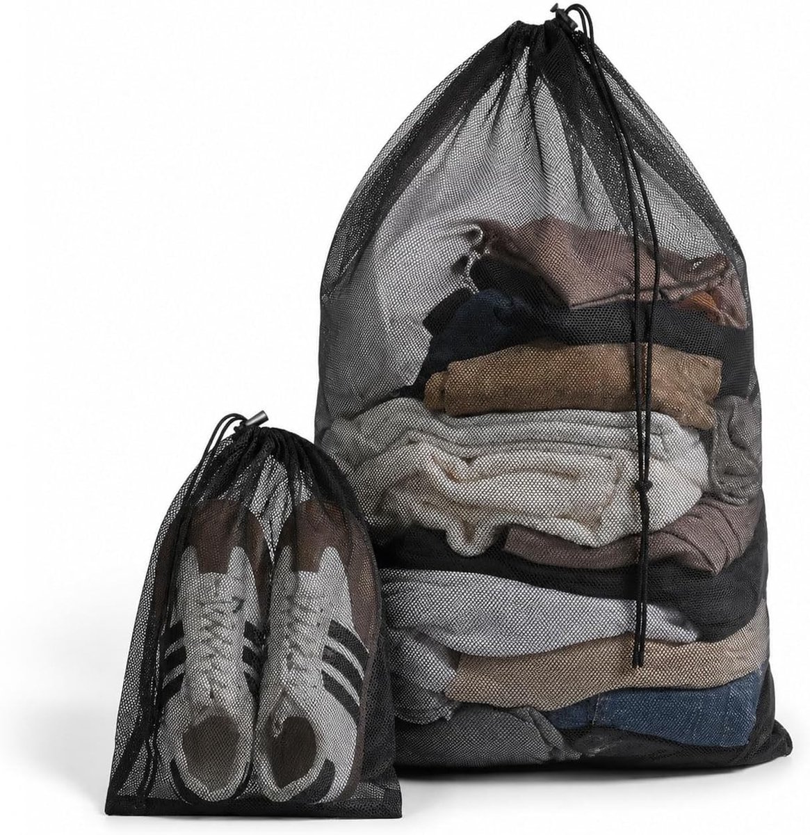 Set van 2 Waszakken voor Kleding – Duurzame Wasnetten met Trekkoord voor Wasmachine, Reizen en Opslag, Zwart