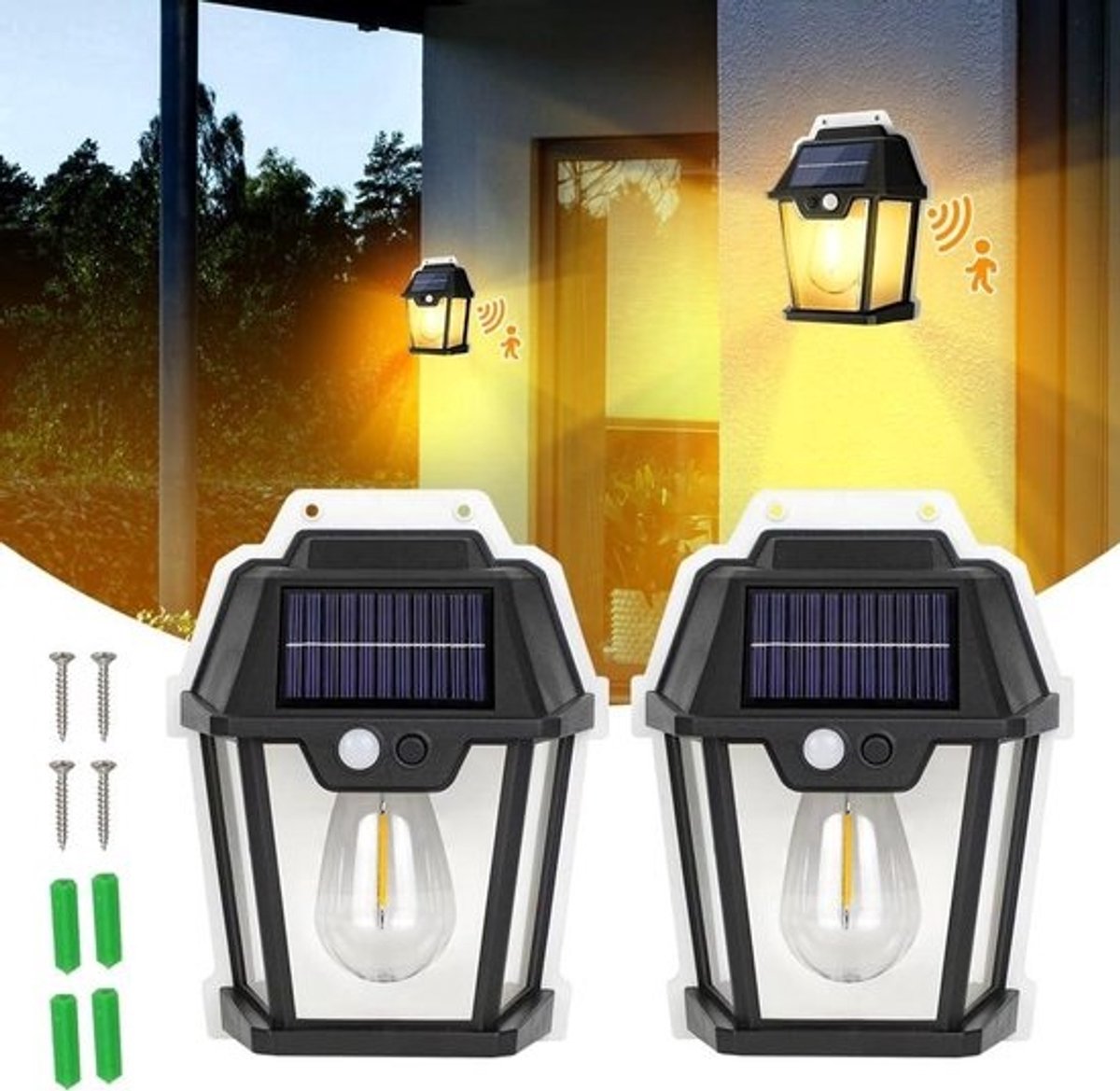 Zonnelampen Buiten - Wandlampen Solar - Tuin Verlichten - Met Bewegingsmelder - 2 Stuks - Zwart