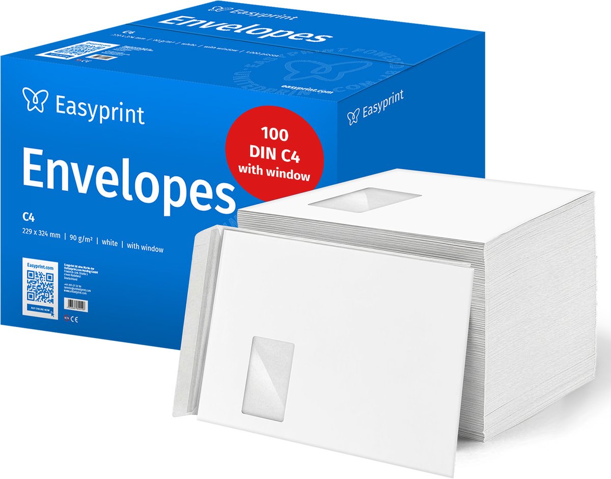 NIEUW: Easyprint Enveloppen met venster, DIN C4, onbedrukt, 100 stuks