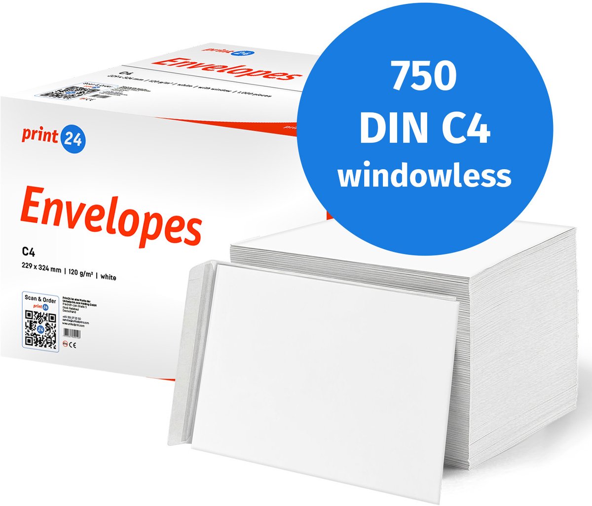 NIEUW: print24 Enveloppen zonder venster, DIN C4, onbedrukt, 750 stuks