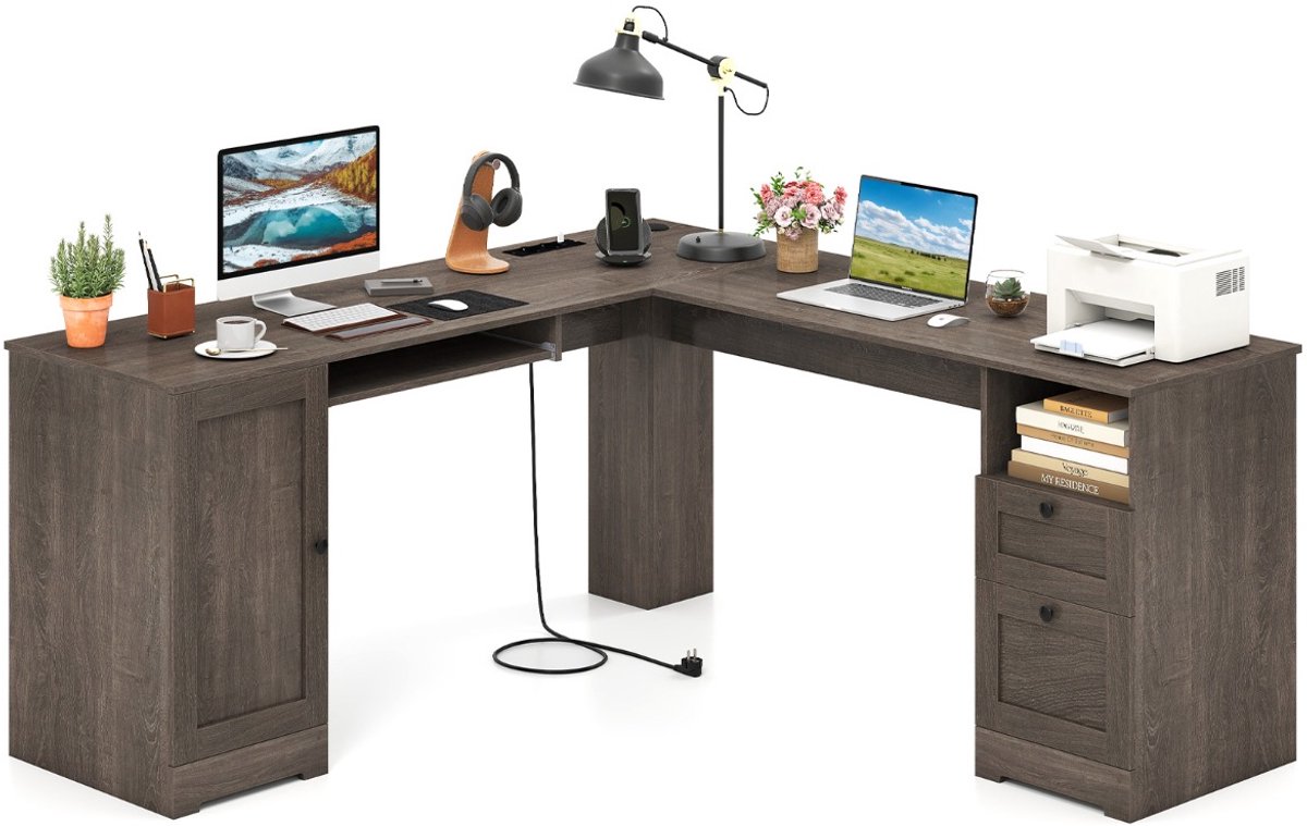 SureDeal® - Meubel - Vormig Computerbureau - Stopcontacten Bureau - Opbergladen Kast Verstelbare - Toetsenbordlade - 168x168x76 cm - Grijs