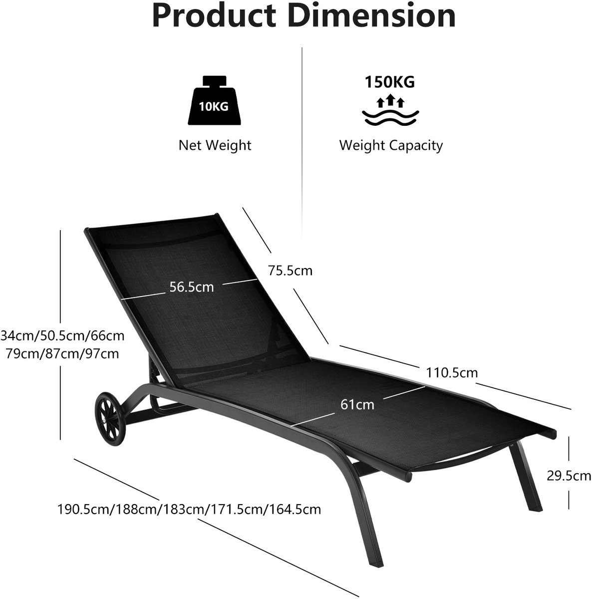 SureDeal® - Tuinstoel - Stucks Verstelbare Ligstoel - Buiten - Wielen - Sneldrogende Stof - Zwembad - Tuin - 191x187x181 cm - Zwart