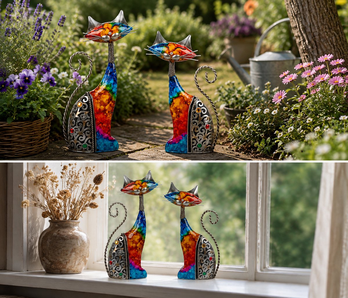 twee katten decoratie-tuin-metaal-acryl-kleurrijk- 33 cm- 29 cm