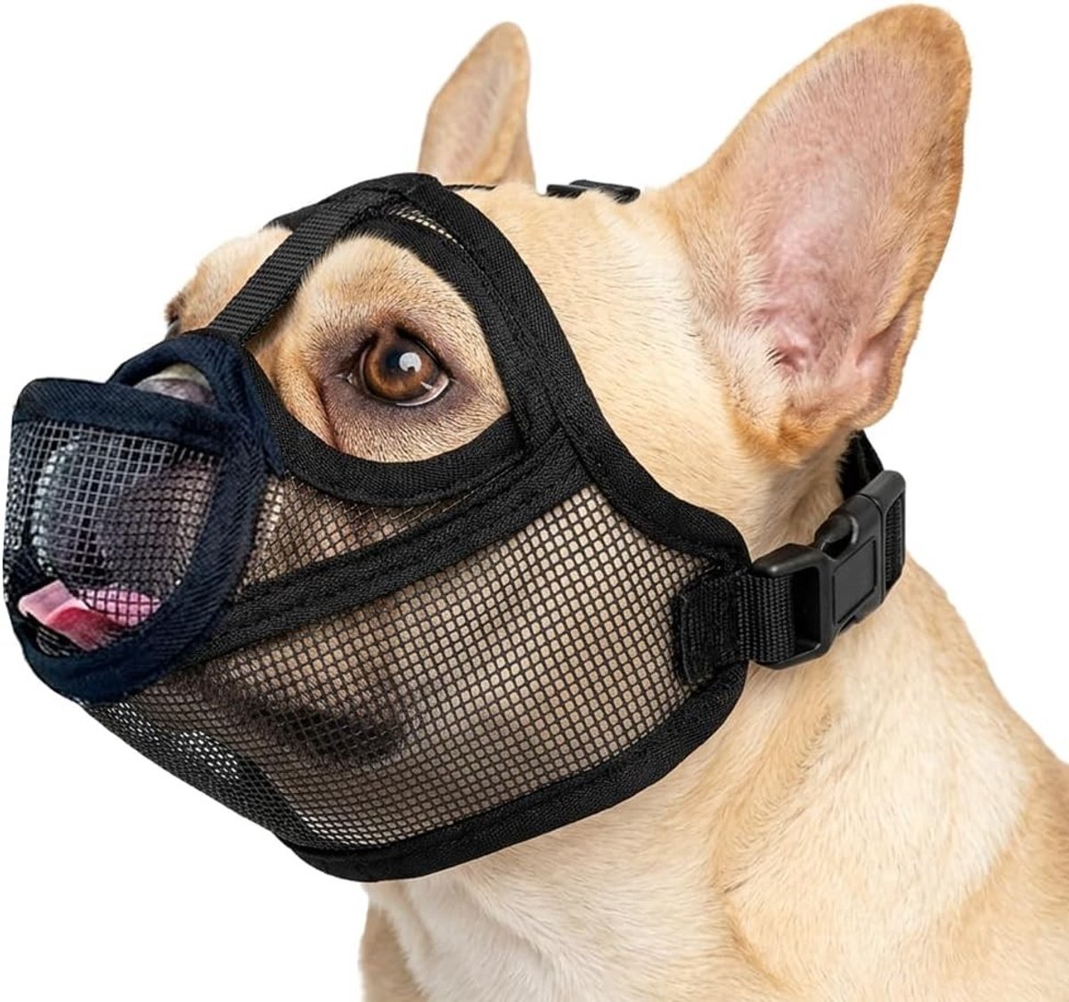 Ademend Hondenmuilkorf voor Franse Bulldog en Kleine Honden, Verstelbare Anti-Eet Muilkorf voor Veiligheid tegen Giftig Bait, Comfortabele Bescherming tegen Voedsel (Zwart, M 15-25)