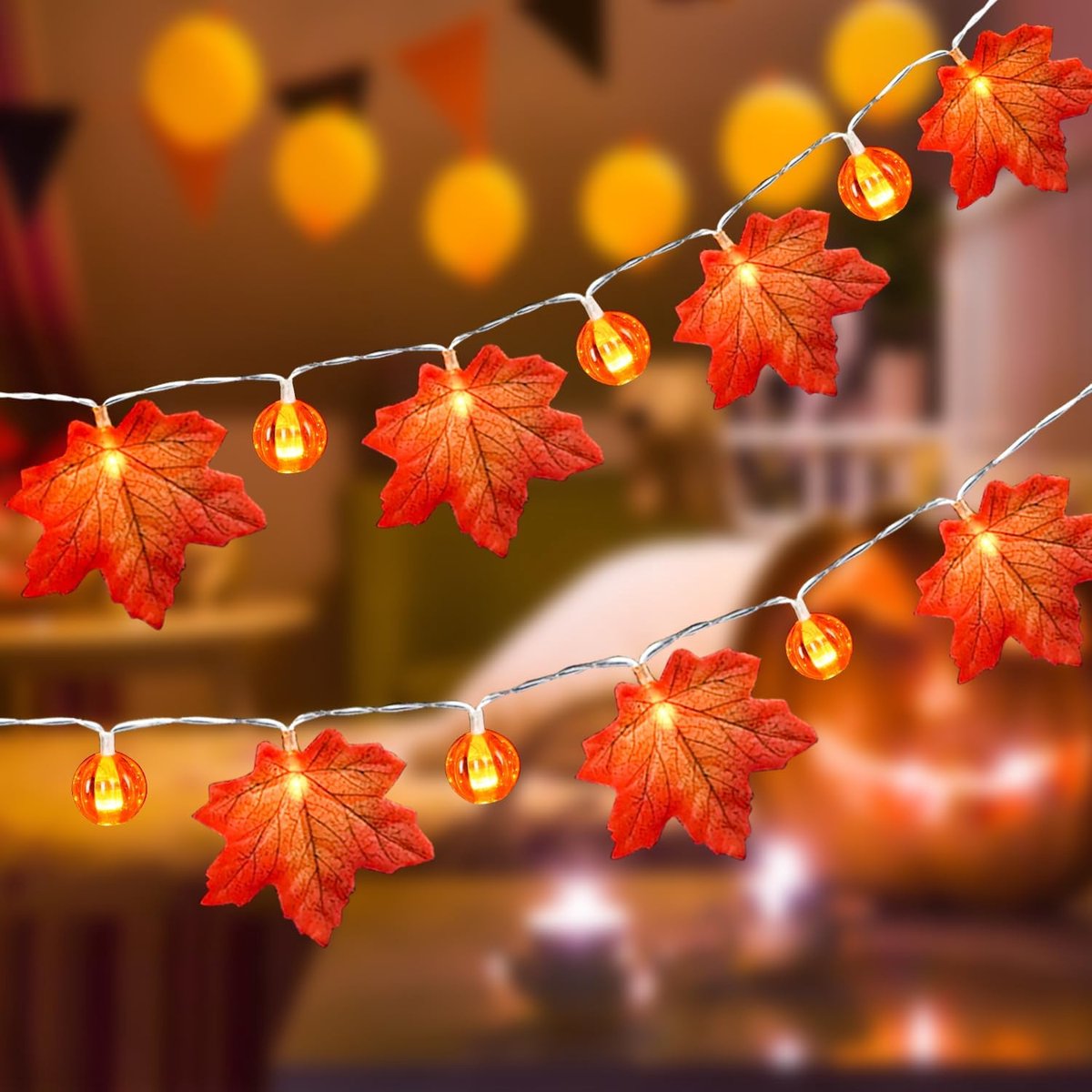 Halloween Decoratie - Herfst Slingerlichtjes - 6m met 40 LEDs - Esdoornblad en Pompoen Decoratie - 2 Lichtstanden - Batterijgevoed - Voor Binnen en Buiten - 1 stuk