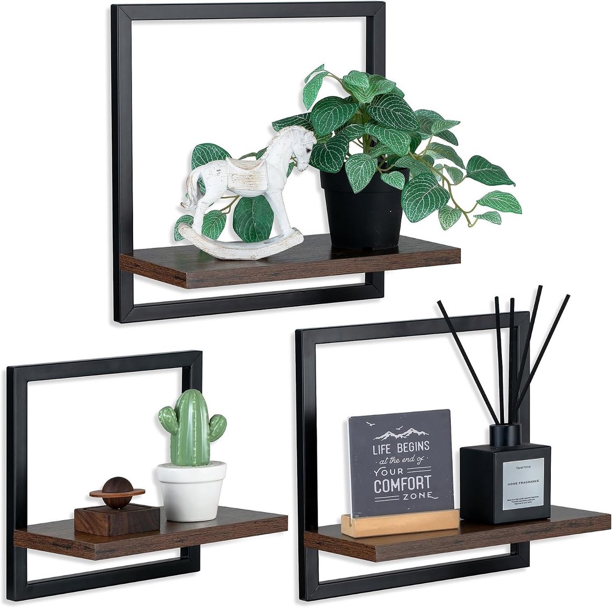Set van 3 Wandplanken van Hout en Metaal voor de Woonkamer - Moderne Rustieke Wanddecoratie voor Slaapkamer en Badkamer, Hoekplank in Bruin