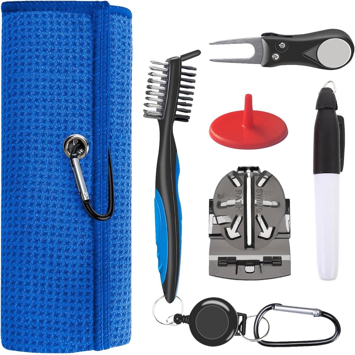 Microfiber Golf Handdoek met Wafelpatroon - 6-delige Set met Schoonmaakgereedschap, Divot Tool en Reinigingsborstel voor Golfaccessoires - Blauw