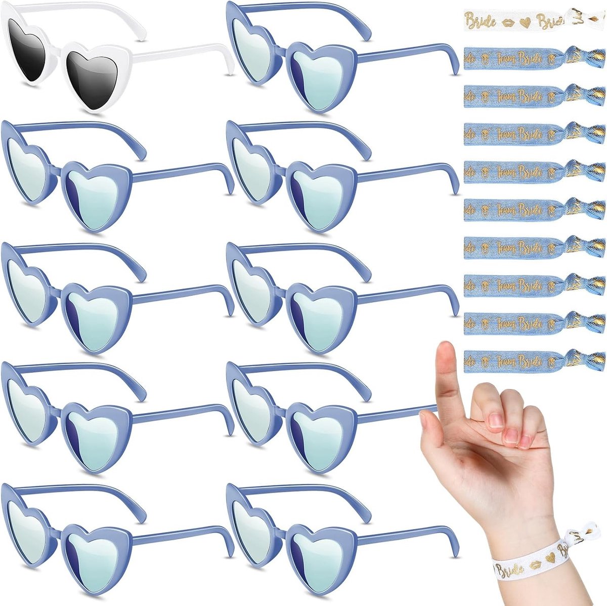 Set van 20 Hartvormige Zonnebrillen voor Bruiden, Wit en Blauw, Perfect voor Strandfeesten en Huwelijksreizen