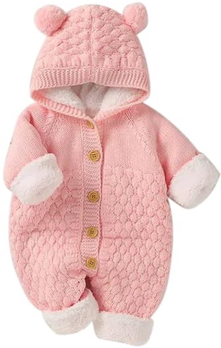 Baby speeltuit met capuchon - Fijn gebreid - Roze maat 68