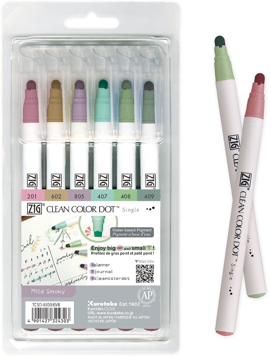 Zig Clean Color Dot Pennen - Set van 6 Mild Smoky Kleuren