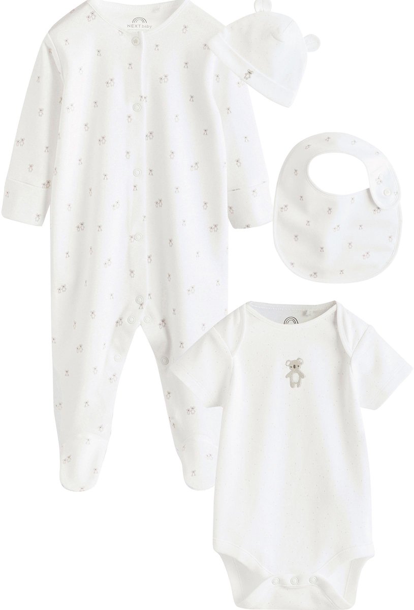 Baby Pyjama Set - 4-delig - Romper, Beanie en Slabbetje - Wit