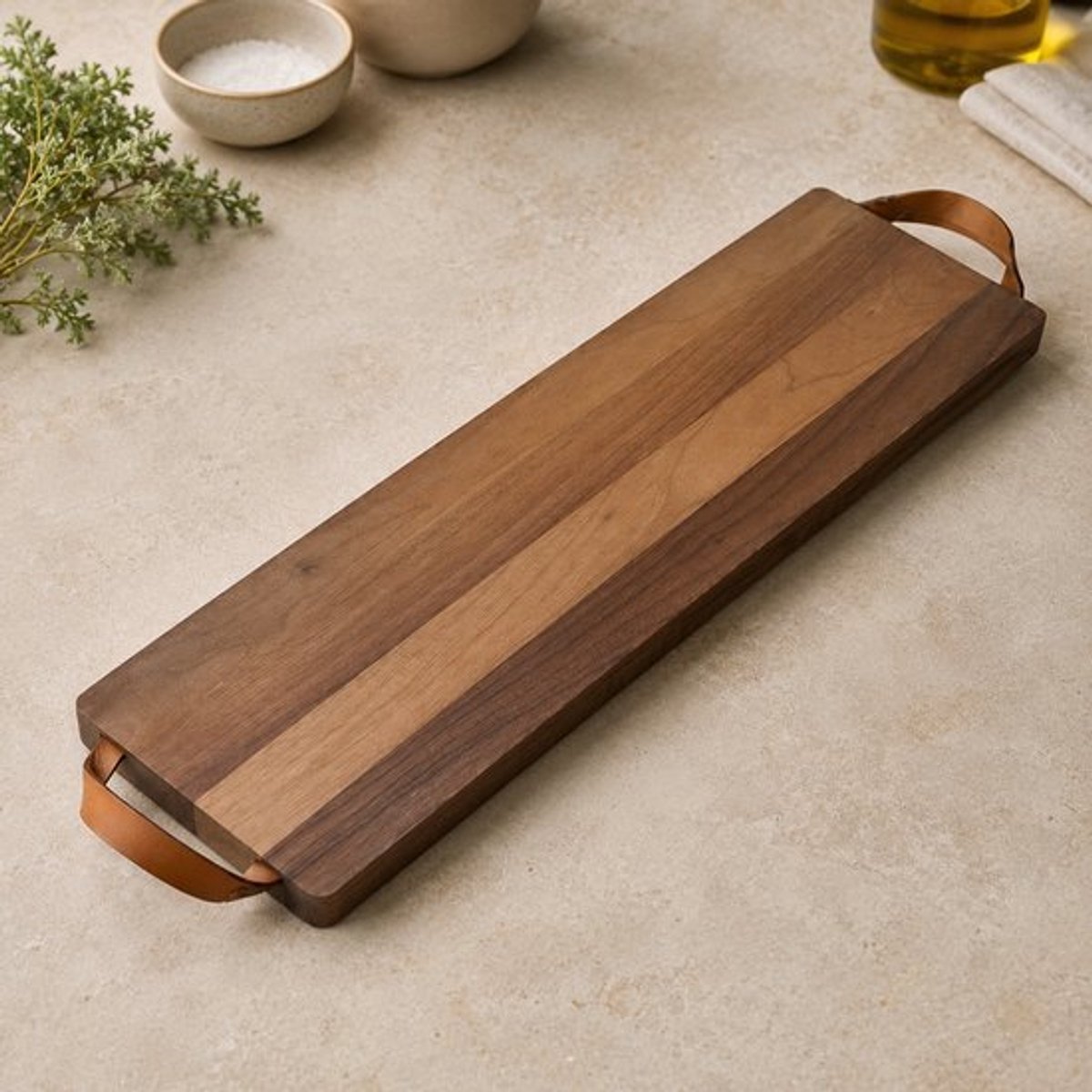StadsPlanken Walnoothout Lederen Handvatten FSC 100% 69x19 cm