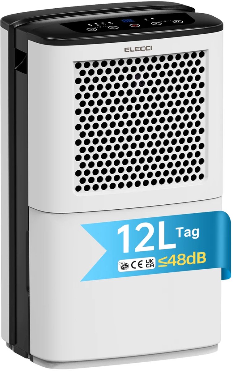 Luchtontvochtiger 12L/24u – 25 m² – 3,8L Watertank – Afvoerslang – 24 Uur Timer – Automatische Ontdooiing